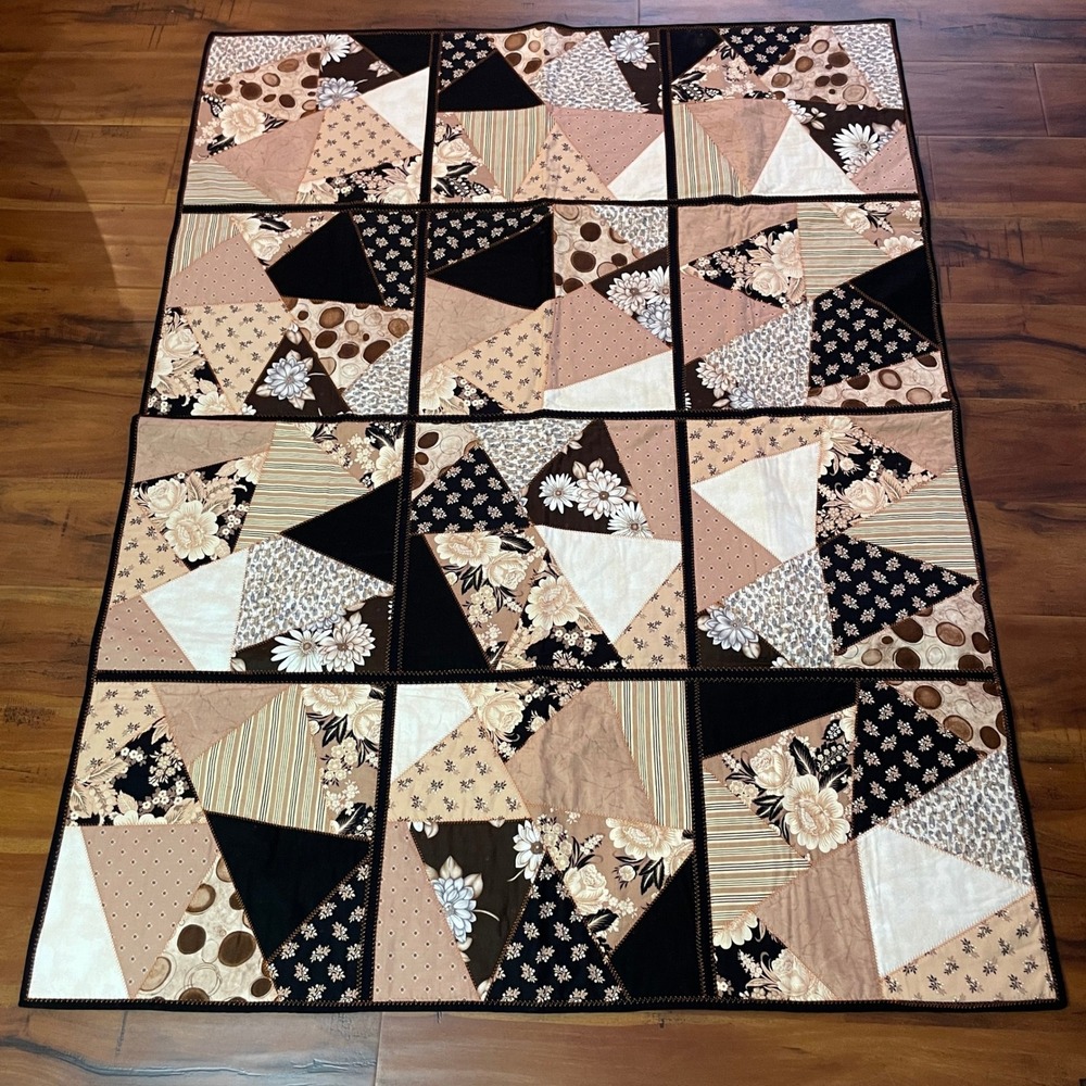 Handmade Patchwork Quilted Throw Blanket Quilt Brown Floral Reversible Geometric